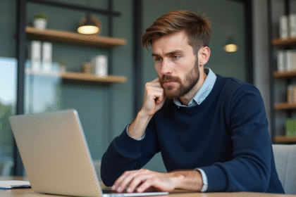 Homme en bureau regardant son ordinateur avec concentration
