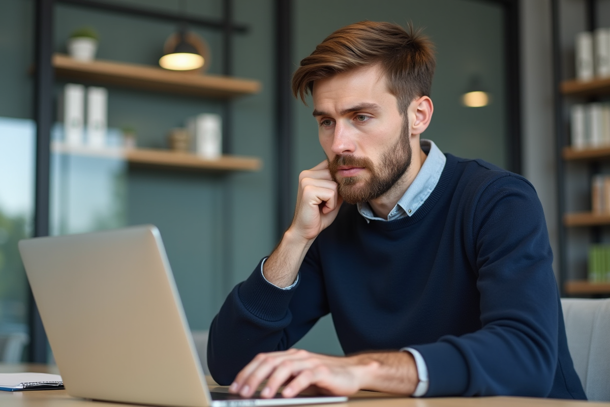 Homme en bureau regardant son ordinateur avec concentration
