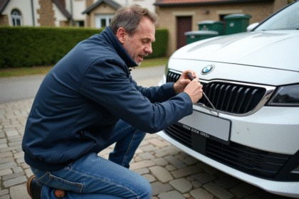 Homme en veste bleue changeant une plaque d'immatriculation