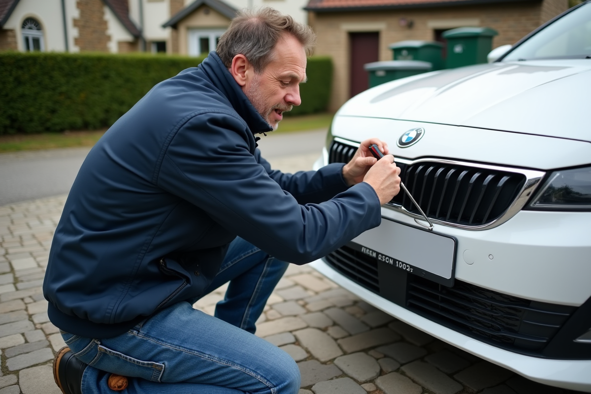 Homme en veste bleue changeant une plaque d'immatriculation
