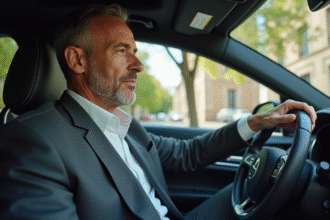 Homme d'âge moyen en costume dans une voiture avec permis français