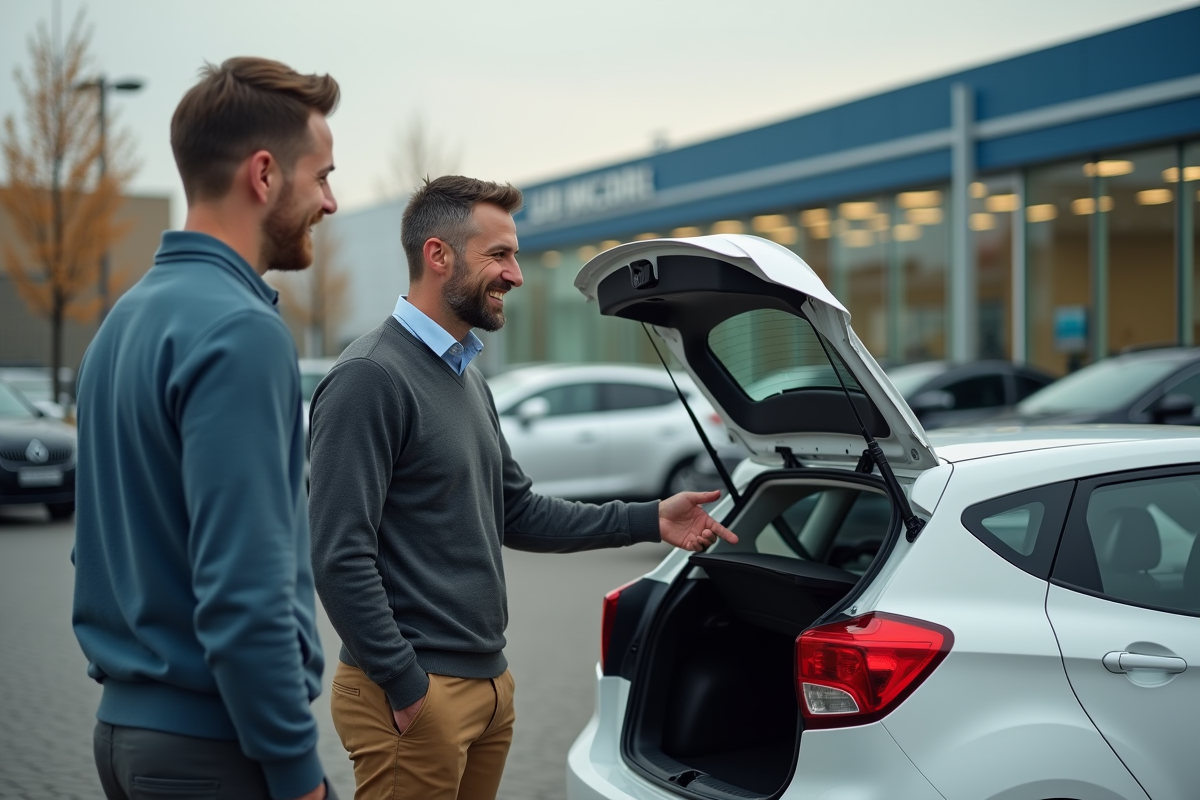 Homme discutant avec un vendeur devant une voiture en concession