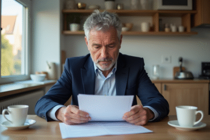 Homme d'âge moyen examinant des documents d'assurance voiture à la maison