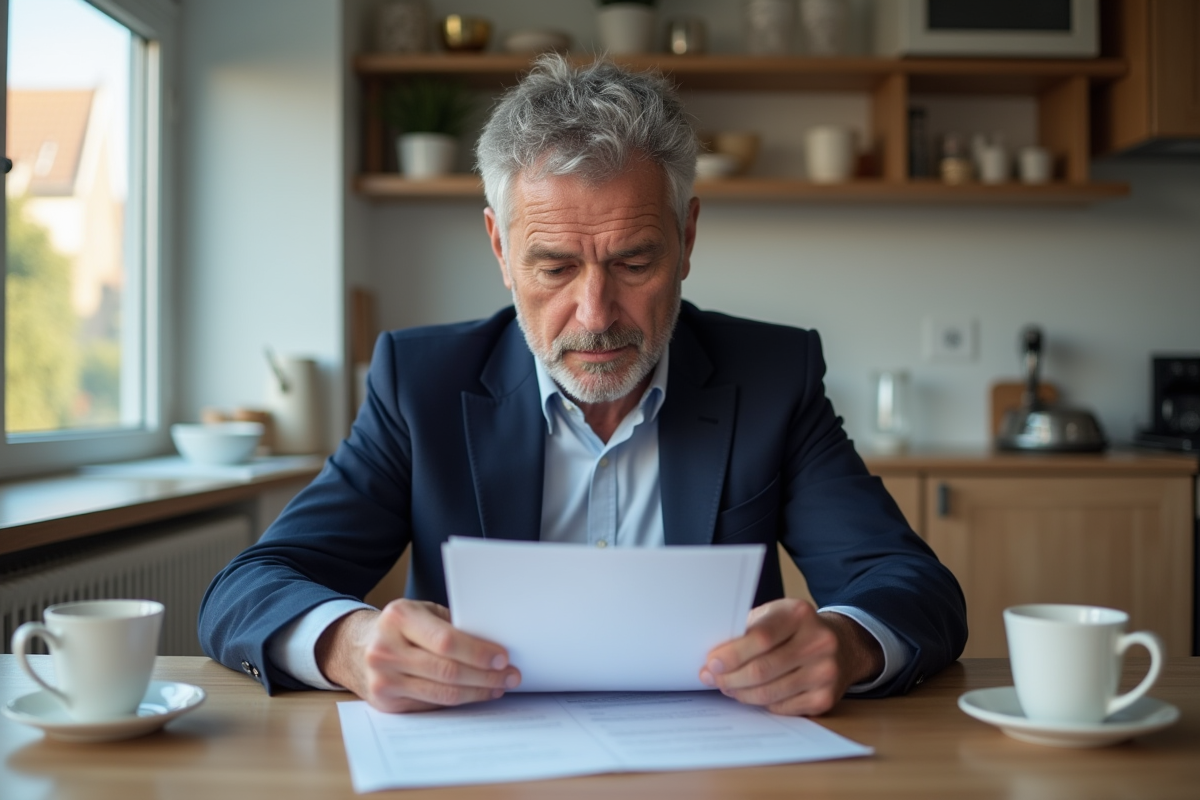 Homme d'âge moyen examinant des documents d'assurance voiture à la maison