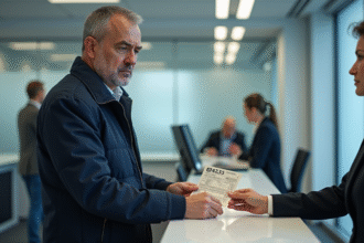 Homme d'âge moyen remettant un vieux permis de conduire à un agent