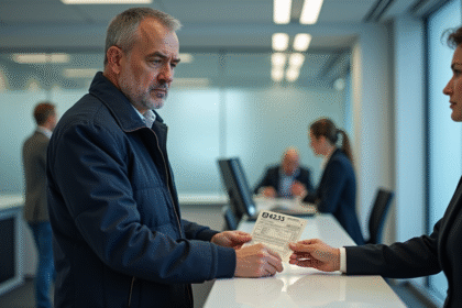 Homme d'âge moyen remettant un vieux permis de conduire à un agent