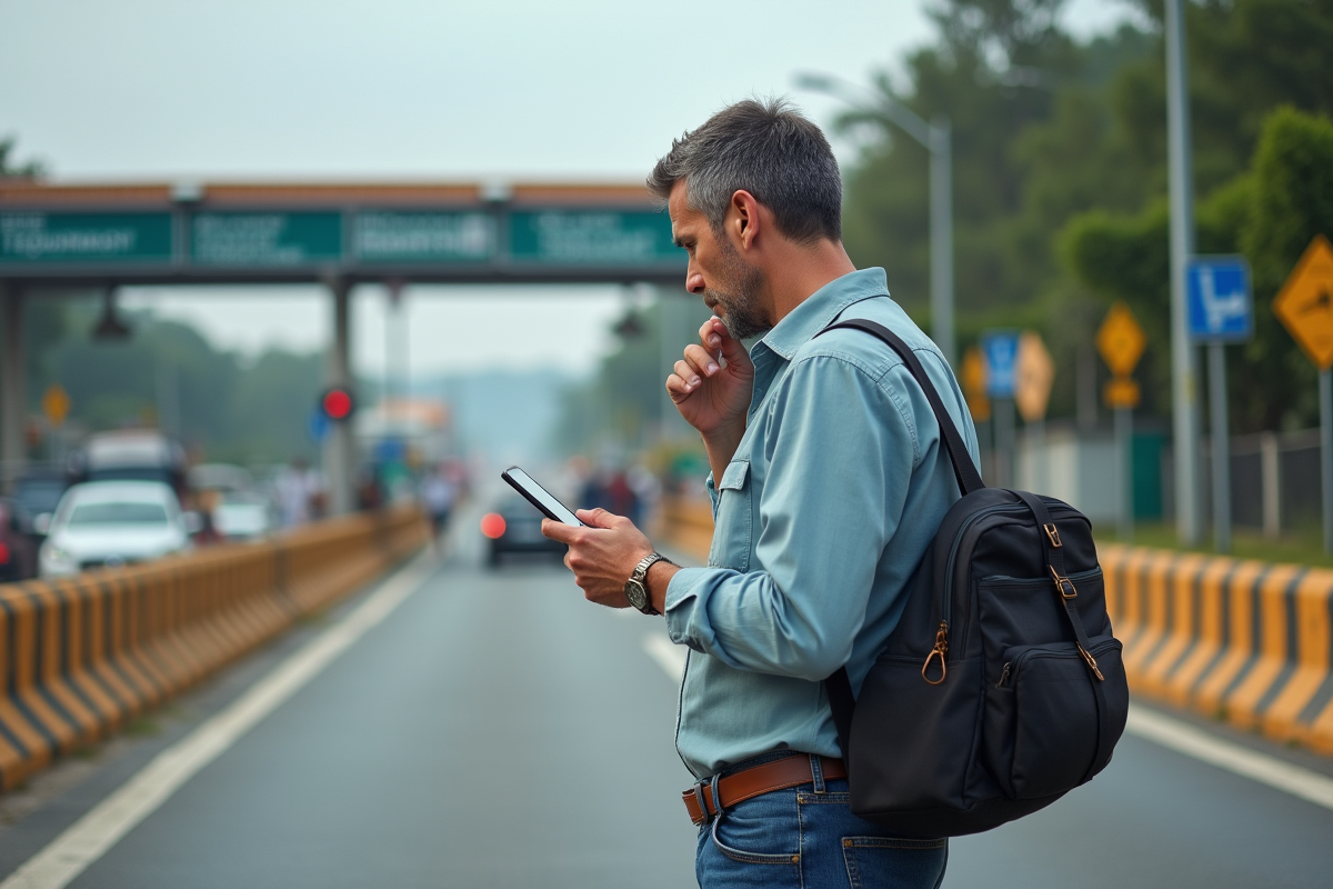 Homme regardant un site officiel à la frontière