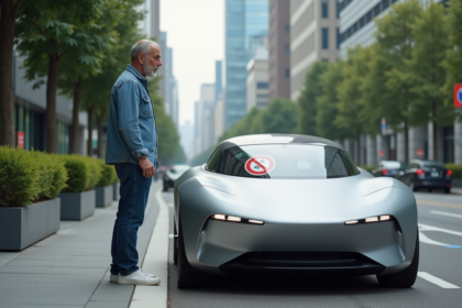 Homme d'âge moyen contemplant une voiture futuriste en ville