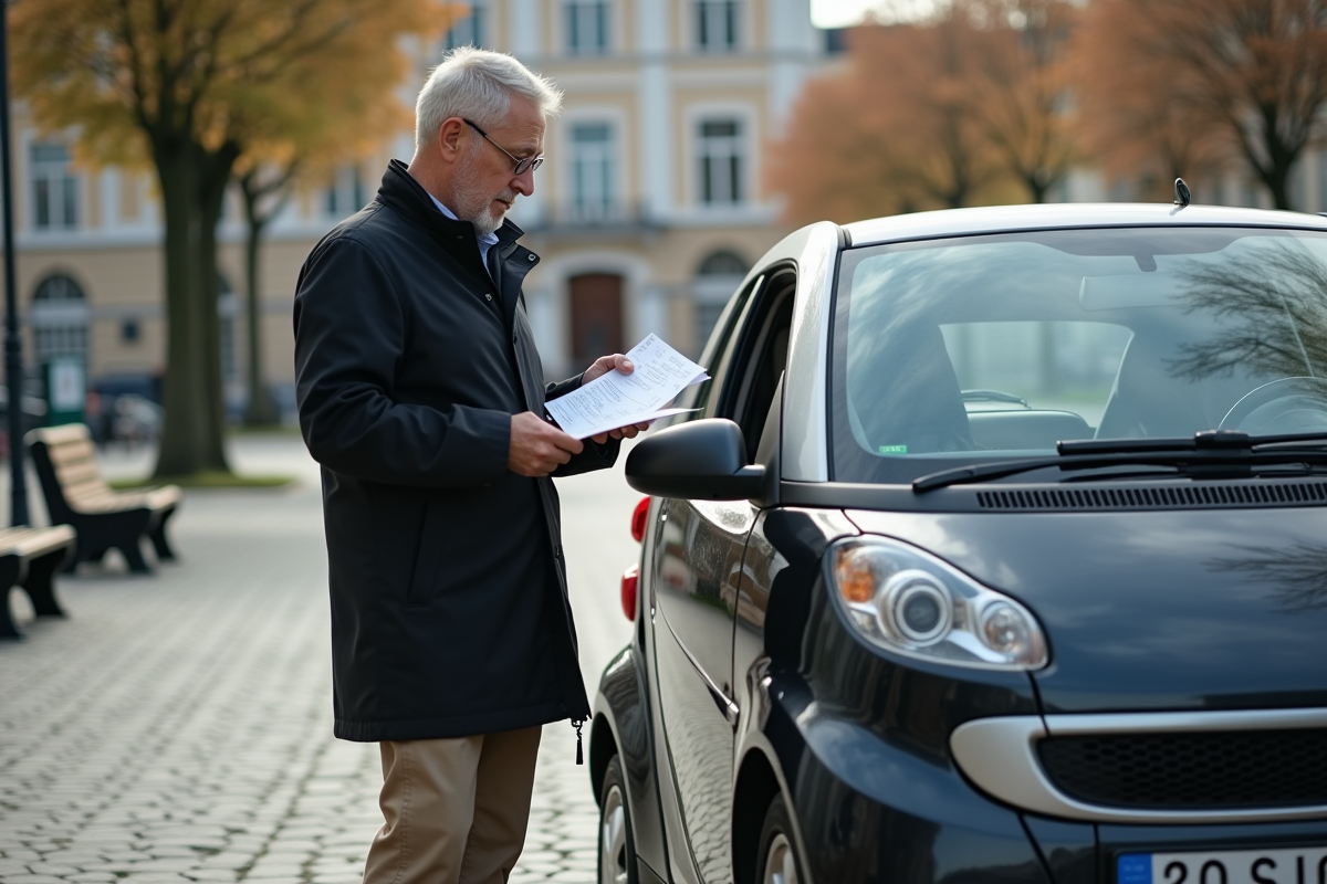 Homme vérifiant une petite voiture dans une place publique