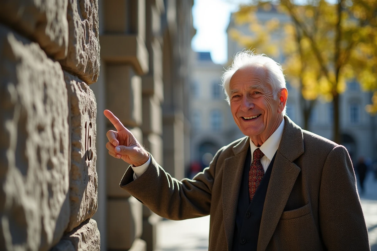 Homme âgé pointant un monument avec le numéro 16