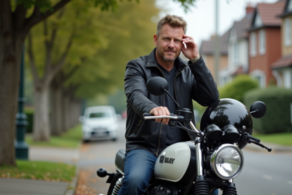 Homme d'âge moyen ajustant son casque moto en ville