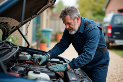 Homme en salopette nettoyant un moteur diesel en extérieur