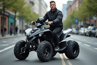 Homme en veste noire avec quad 125cc en ville