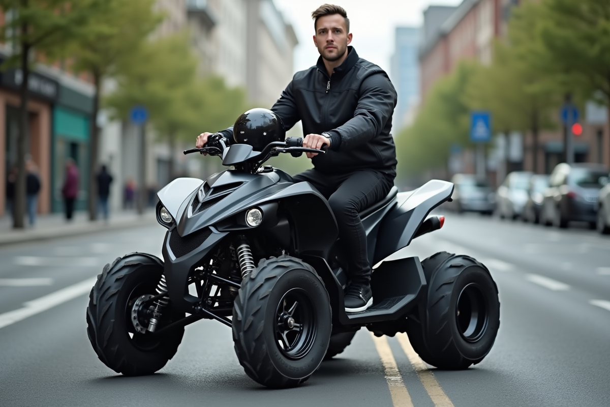 Homme en veste noire avec quad 125cc en ville