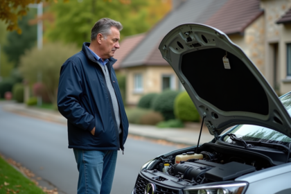 Homme d'âge moyen inspectant le moteur d'une voiture sur une rue tranquille