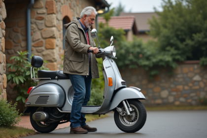 Homme d'âge moyen inspectant son scooter 125cc dans la cour