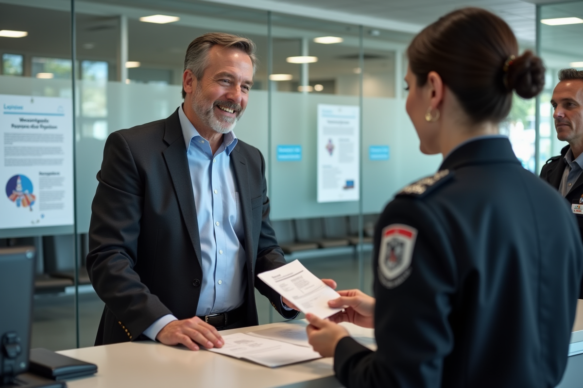 Homme remettant son ancien permis au guichet municipal