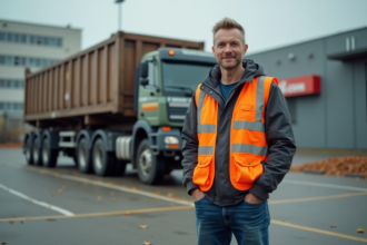 Homme avec gilet de sécurité près d'un camion industriel