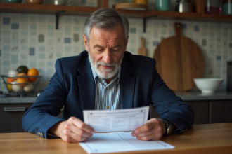 Homme vérifiant sa carte grise dans la cuisine