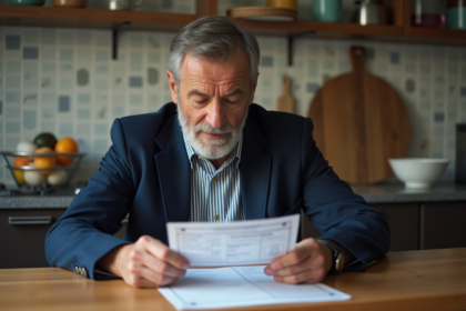 Homme vérifiant sa carte grise dans la cuisine