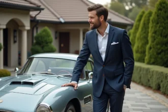 Homme élégant avec voiture de sport vintage en extérieur