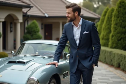 Homme élégant avec voiture de sport vintage en extérieur