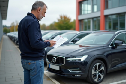 Homme d age moyen examine une voiture diesel en concession