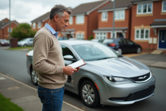 Homme d'âge moyen examinant une voiture d'occasion dans la cour