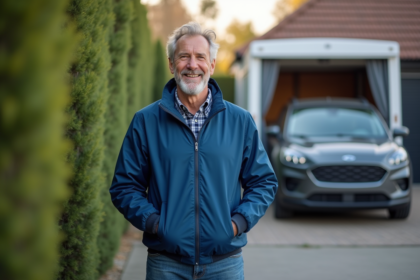 Homme souriant près d'une voiture avec remorque dans une cour