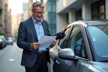 Homme d affaires examine documents près d une voiture électrique en ville