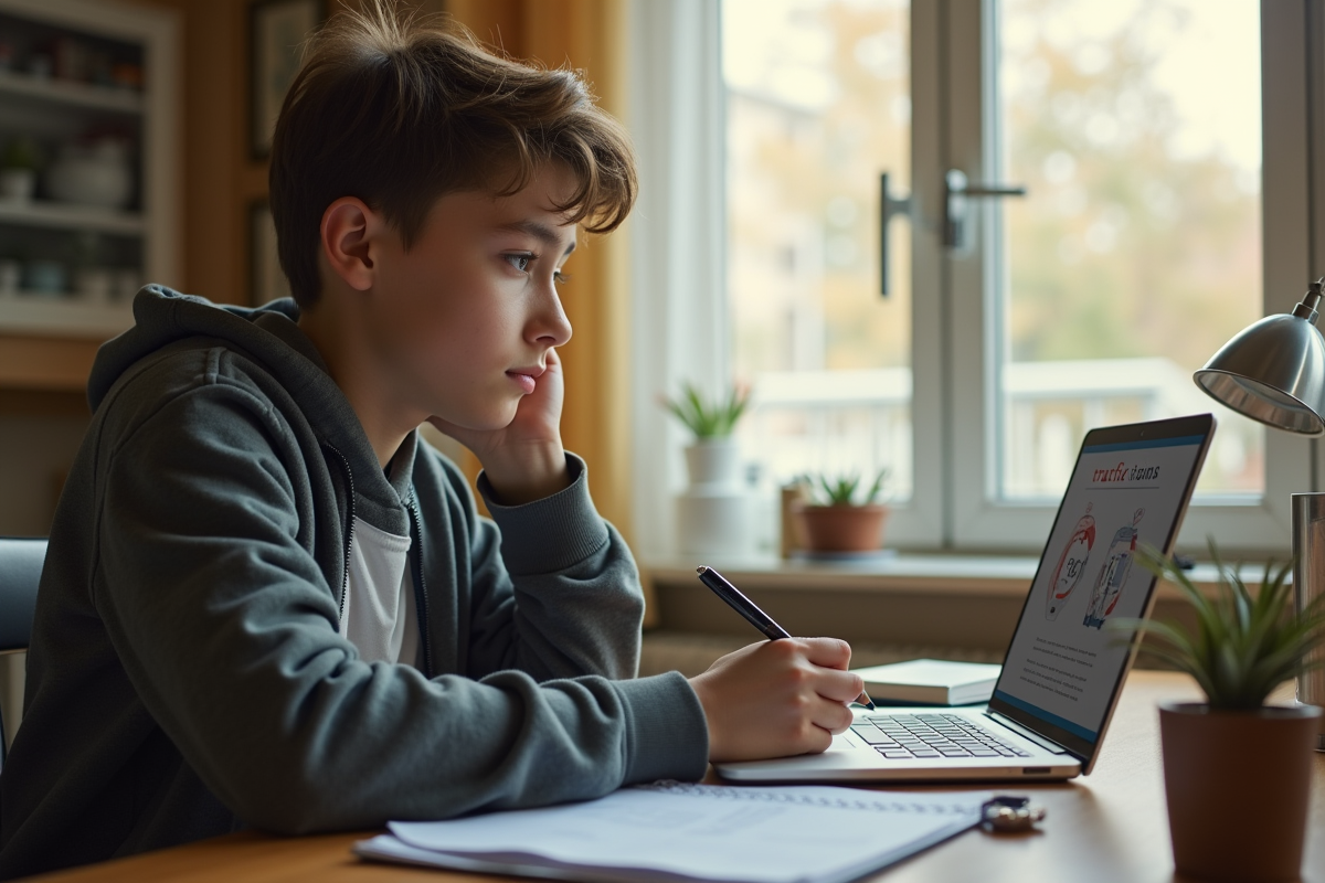 Jeune étudiant étudiant la signalisation routière à la maison