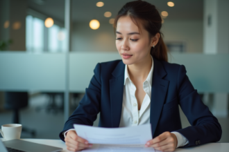 Jeune femme d'affaires en bureau examinant documents