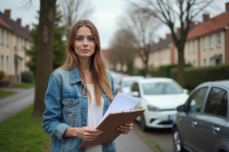 Jeune femme avec documents d'assurance voiture devant sa voiture