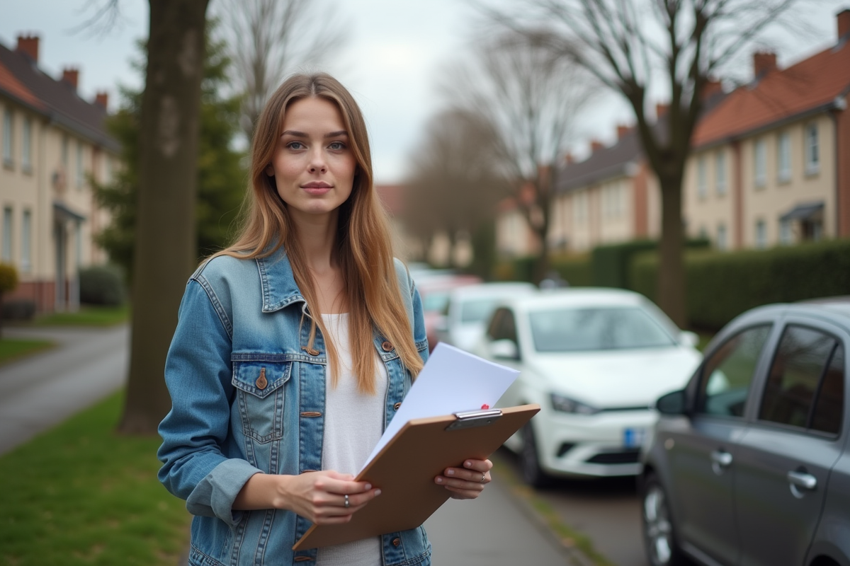 Jeune femme avec documents d'assurance voiture devant sa voiture
