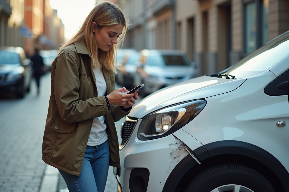 Jeune femme documentant un dommage sur sa voiture avec son smartphone