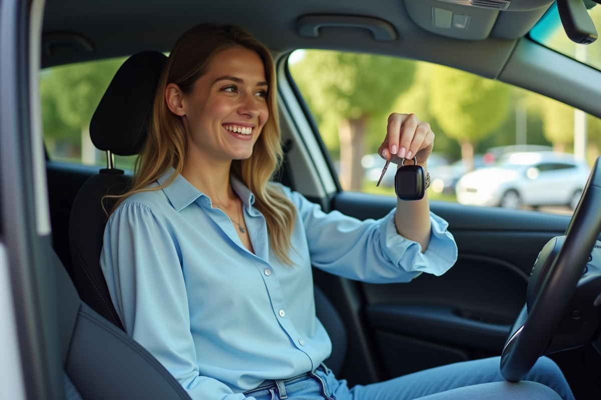 Jeune femme souriante dans une voiture compacte neuve