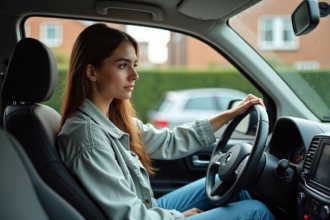 Jeune femme au volant d'une microcar en ville
