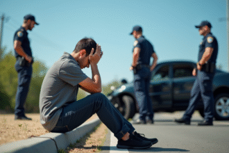 Jeune homme inquiet assis sur le trottoir après un accident de voiture