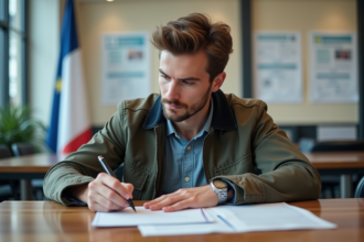 Jeune homme remplissant formulaire dans une prefecture française
