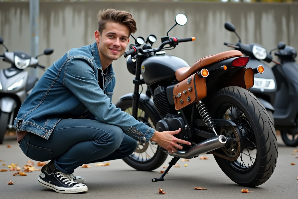 Jeune homme ajustant une selle en cuir sur une moto Yamaha Dax en ville