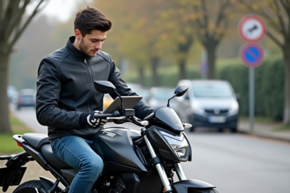 Jeune homme en moto dans un parking urbain