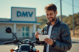Jeune homme souriant avec permis moto et moto légère en plein air