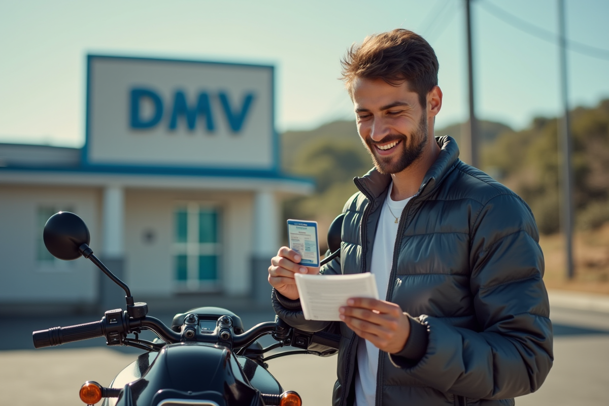 Jeune homme souriant avec permis moto et moto légère en plein air