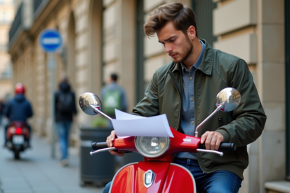 Jeune homme avec scooter rouge et papiers en main