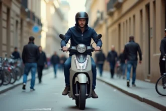 Jeune homme en scooter dans une ville européenne