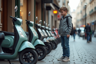 Jeune garçon examine des scooters 50cc en ville