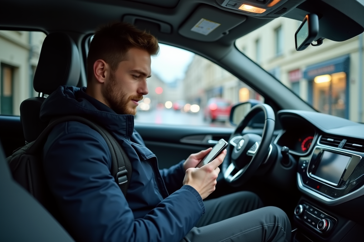 Jeune homme utilisant smartphone dans une voiture