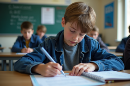 Jeune lyceen en classe avec certificat BSR et livre