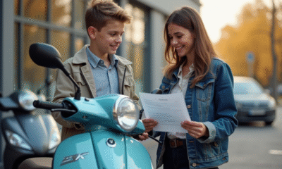 Jeune garçon et instructrice avec scooter et documents