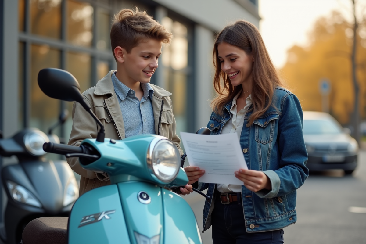 Jeune garçon et instructrice avec scooter et documents